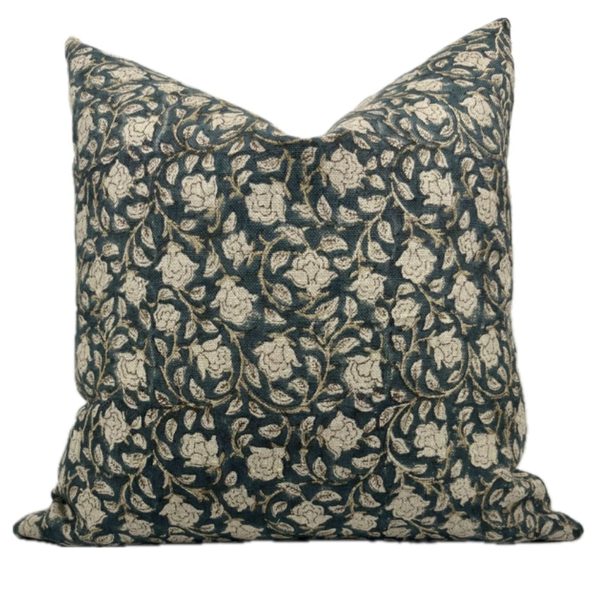 Hazel Teal Floral Print Linen Pillow Cover