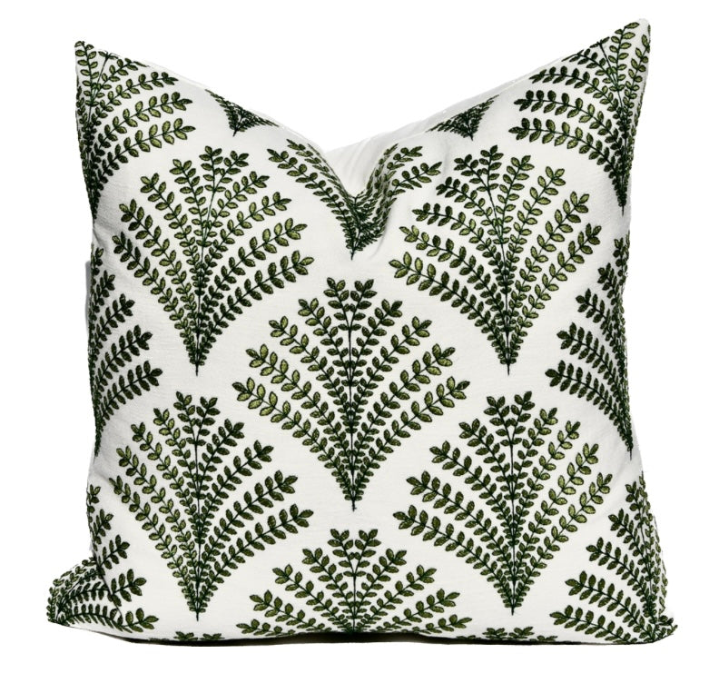 Olivia Green Fern Embroidered Pillow Cover