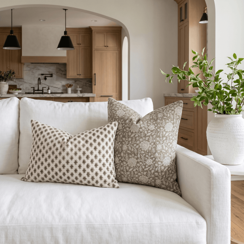 Leila block print pillows in a modern organic living room