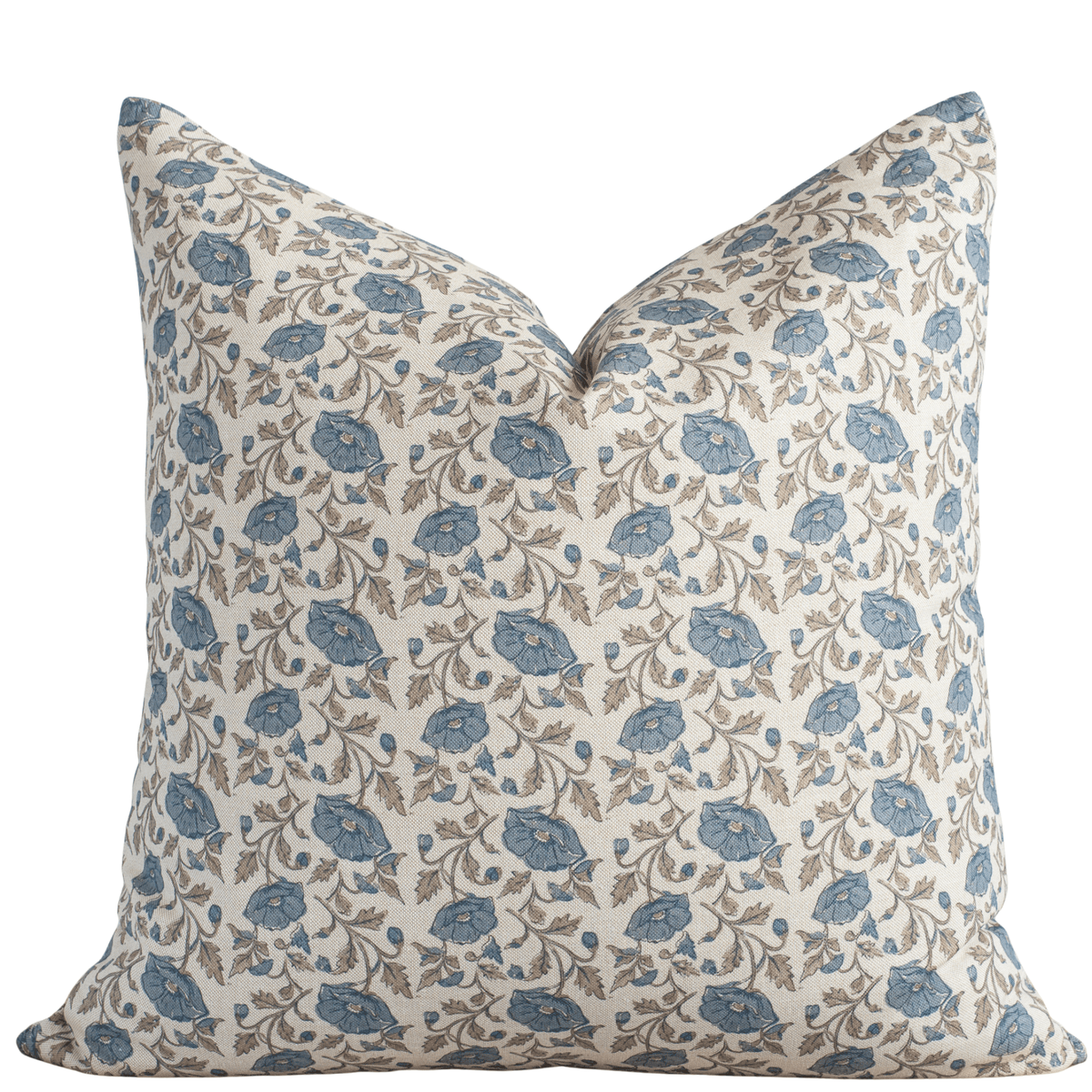 Mabel blue floral pillow cover with taupe vines on ivory