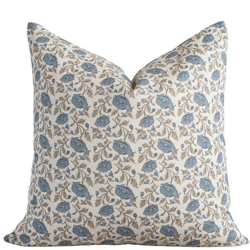 Mabel blue floral pillow cover with taupe vines on ivory