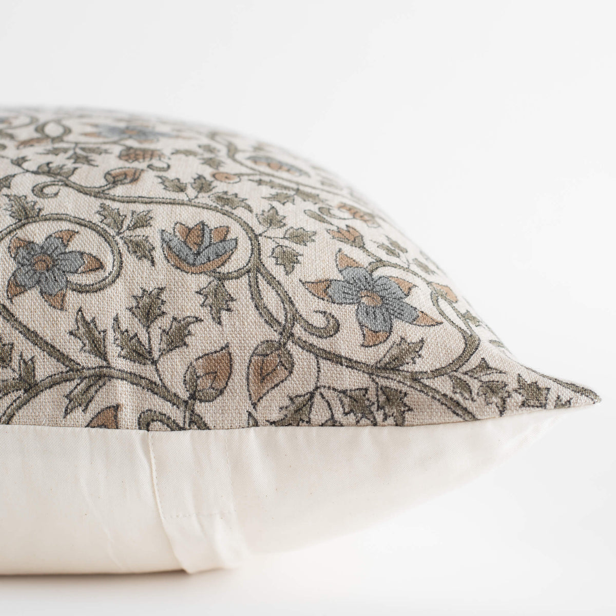 Juliette blue floral block print pillow cover close-up