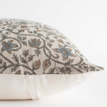 Juliette blue floral block print pillow cover close-up