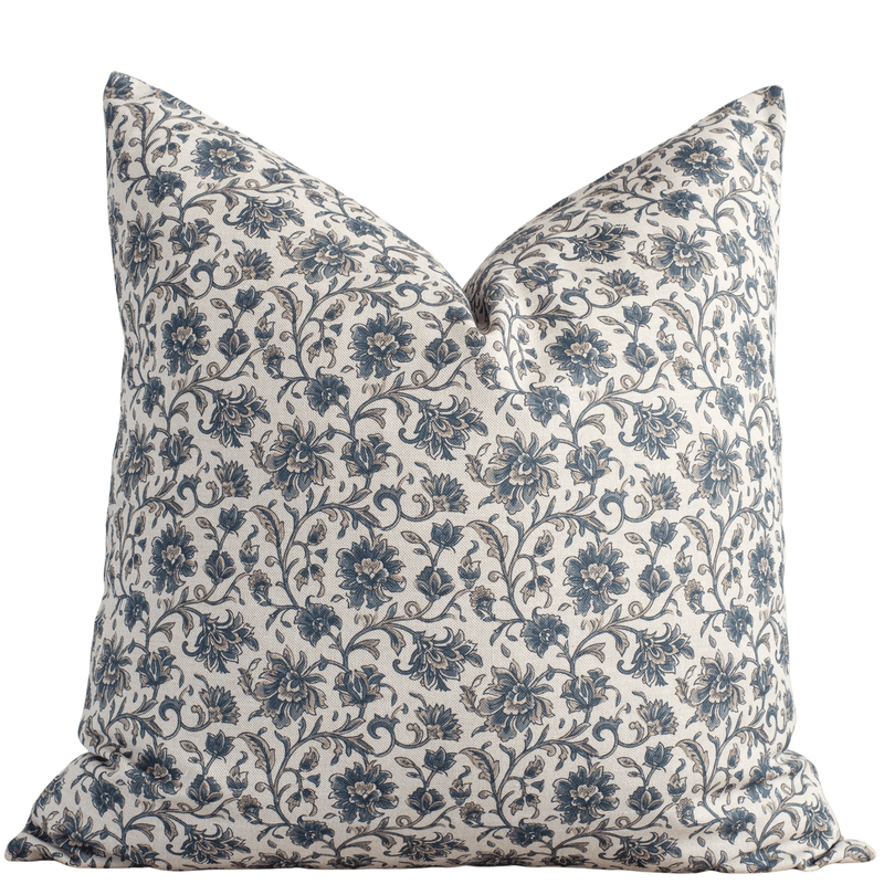 Celine blue floral pillow cover with scrolling vines on cream
