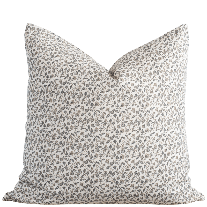 Camille neutral botanical pillow cover in charcoal and taupe on ivory