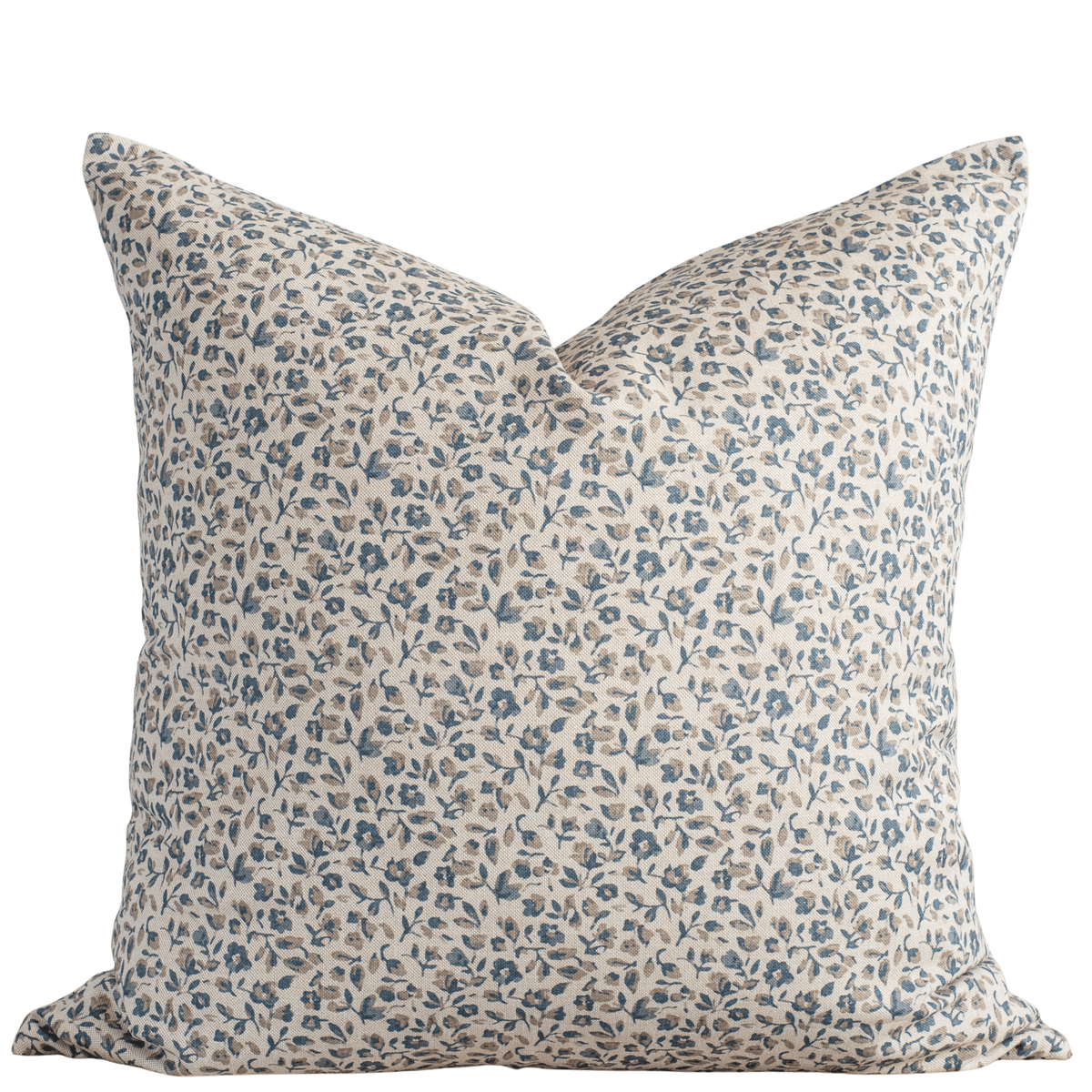 Adeline blue floral pillow cover with small-scale taupe florals on cream