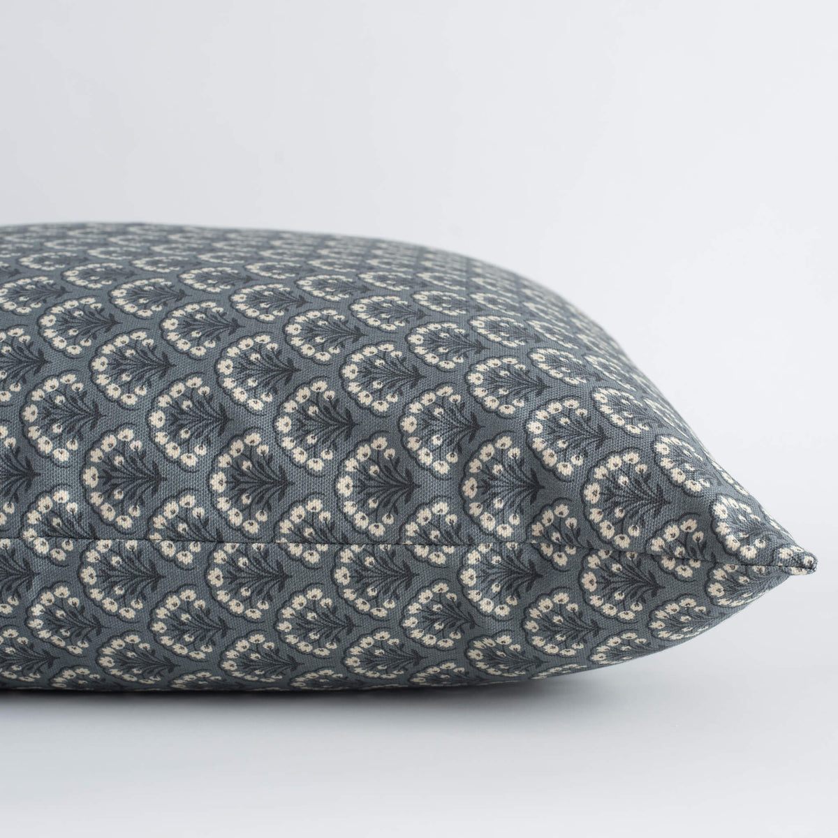 Noelle indigo scalloped floral pillow cover close-up