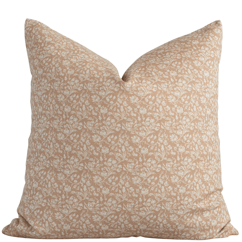 Louisa brown floral pillow cover with cream botanicals on camel