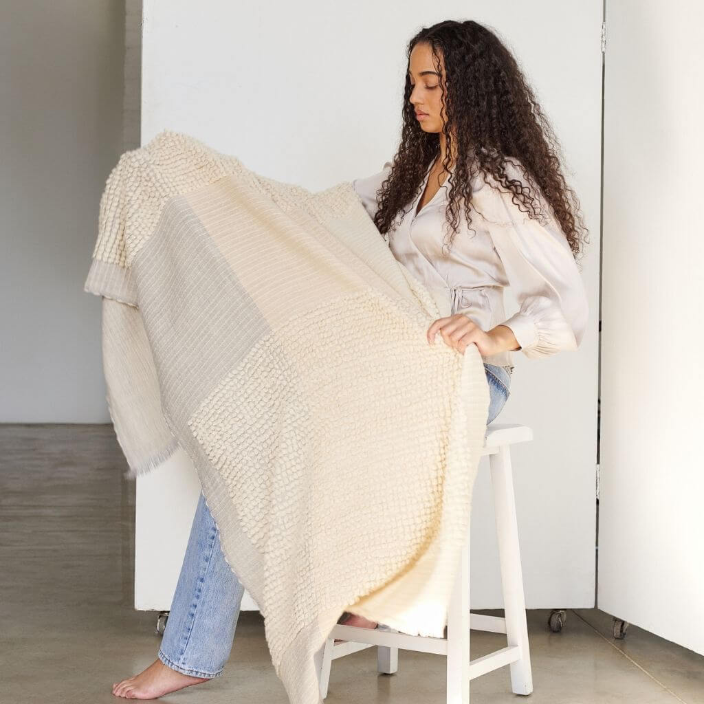 Butterscotch white textured plush merino handloom throw – One Affirmation