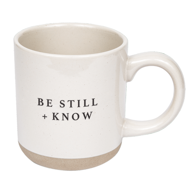 Be Still and Know stoneware coffee mug with speckled design