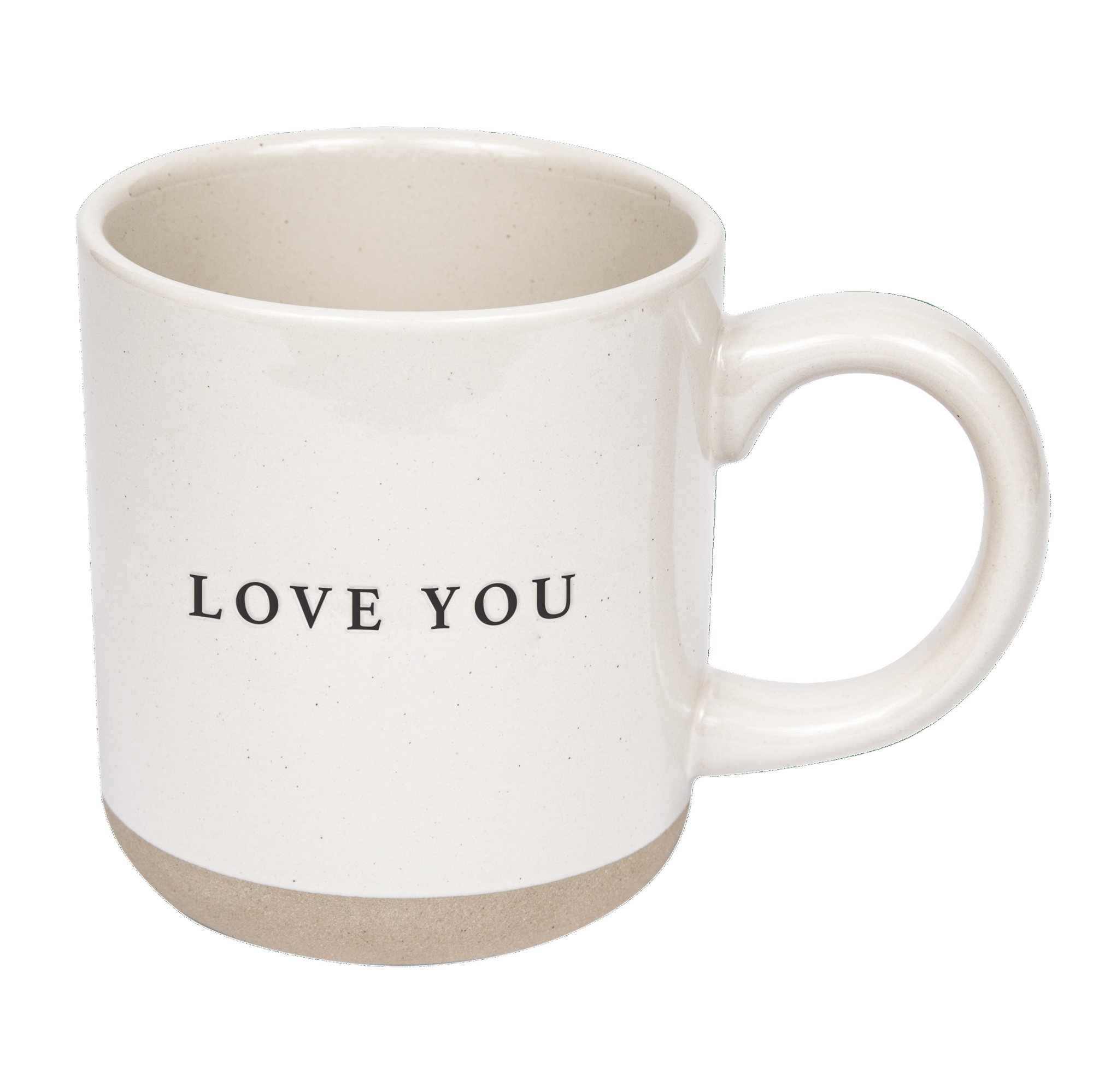 Love You stoneware coffee mug with cream and speckled finish