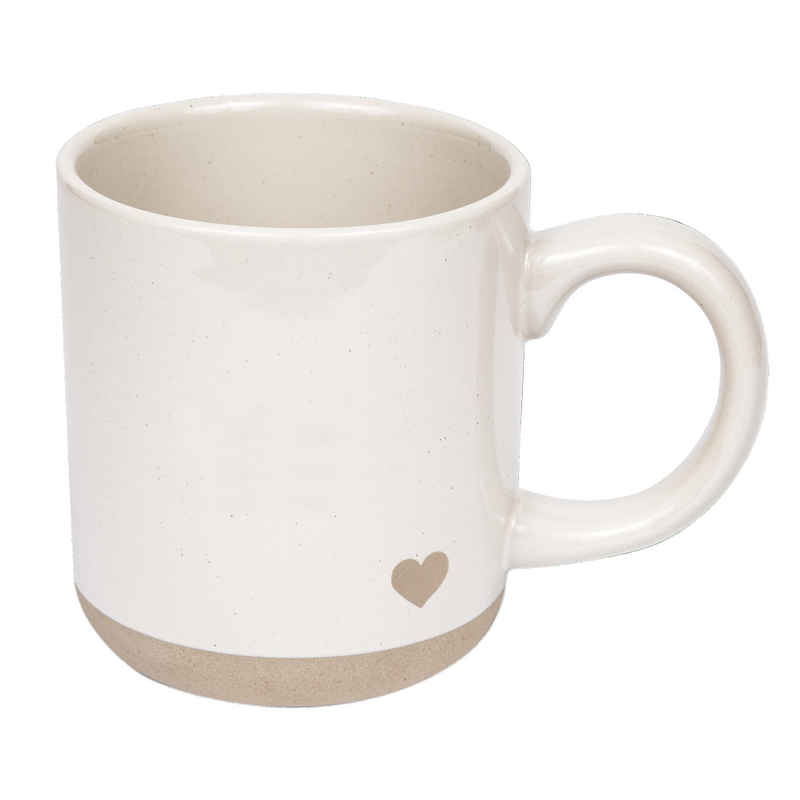 Heart stoneware coffee mug with speckled design and natural accents