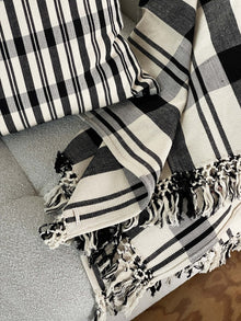 Cecilia black and white striped cotton throw blanket, folded