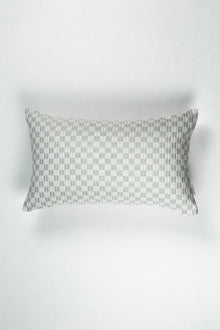 Checkered brocade pillow in grey and white, handwoven in Guatemala