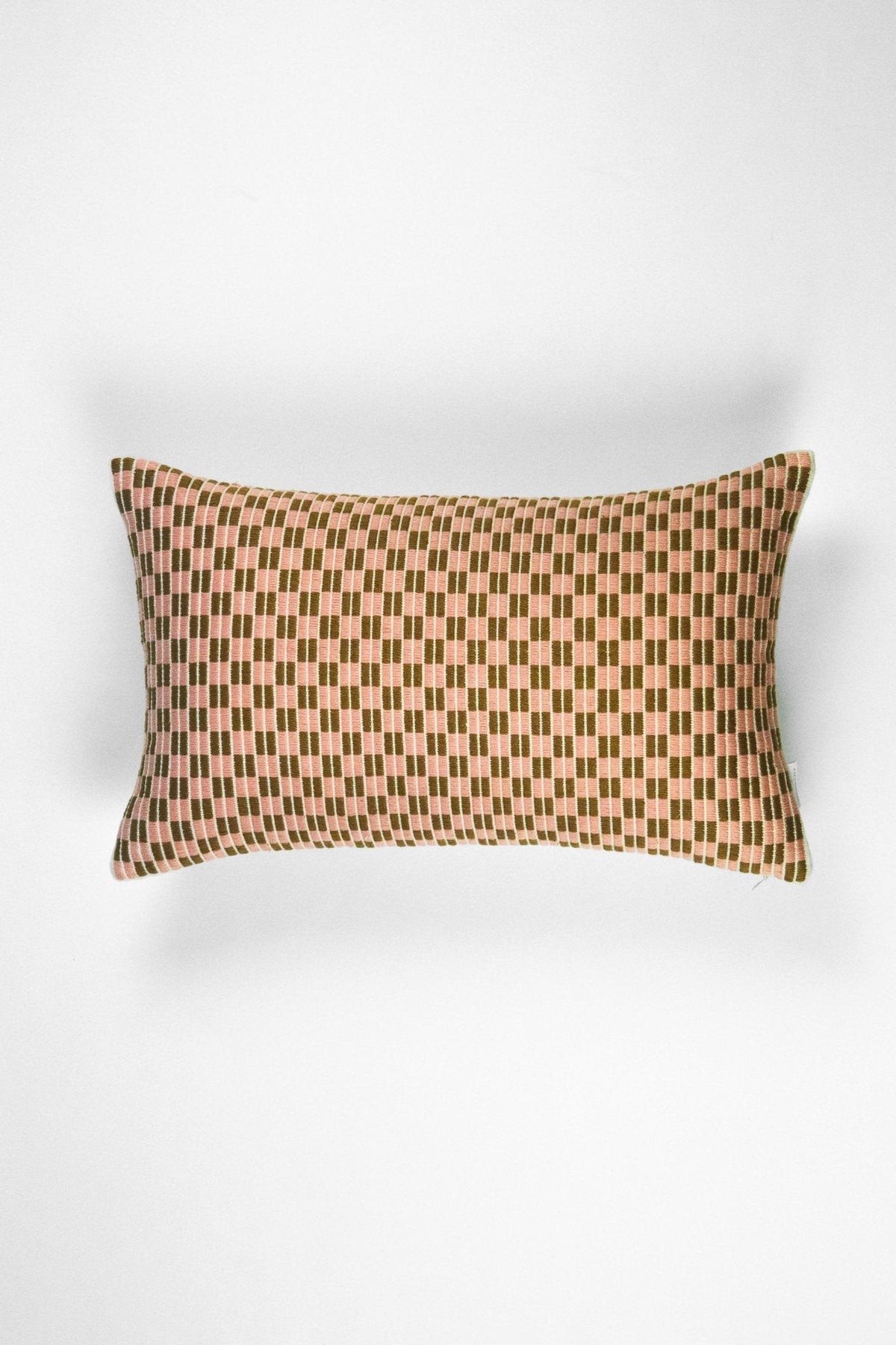 Checkered brocade pillow in pink and umber
