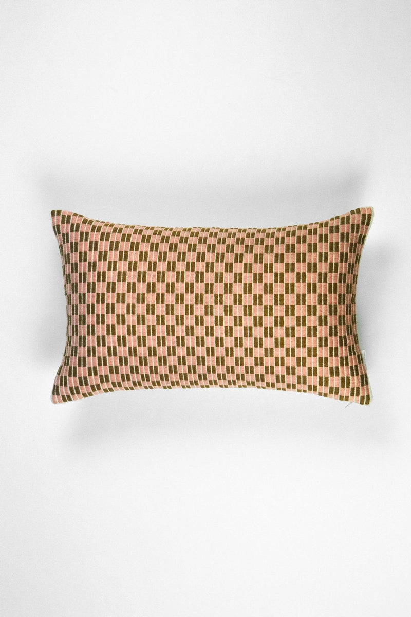 Checkered brocade pillow in pink and umber
