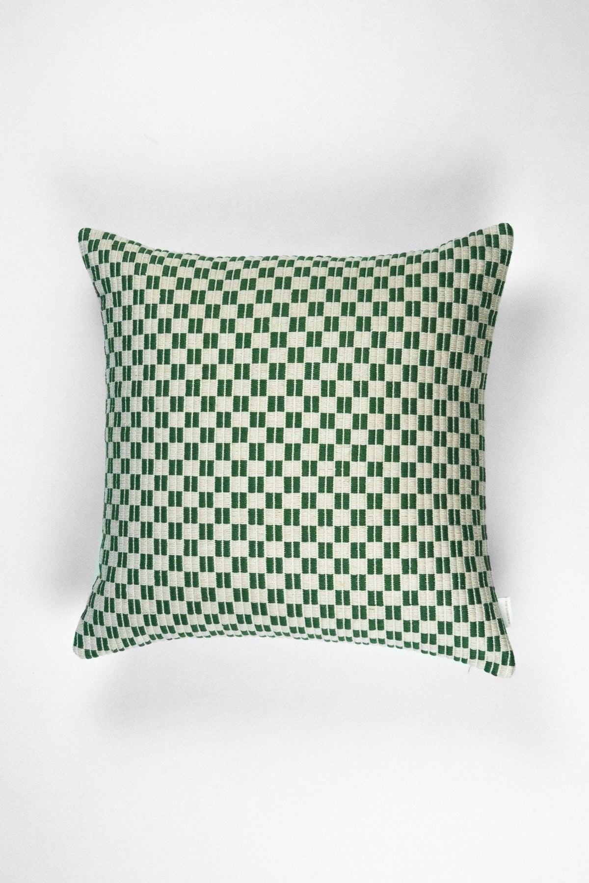 Checkered brocade pillow in green and cream
