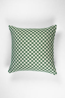 Checkered brocade pillow in green and cream