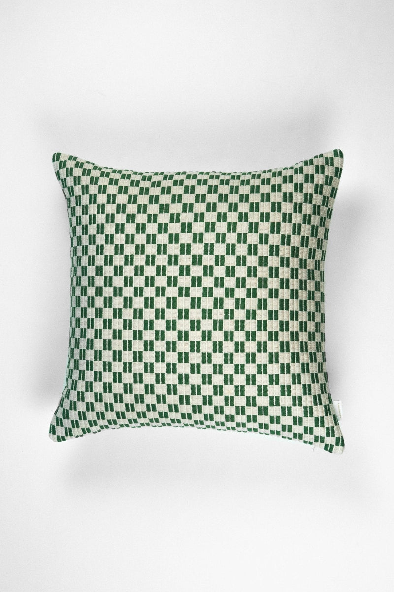 Checkered brocade pillow in green and cream