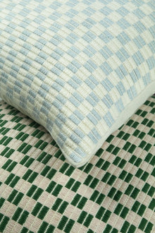 Checkered brocade pillow in grey and white, detail