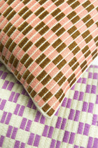 Checkered brocade pillow in pink and umber, handwoven in Guatemala