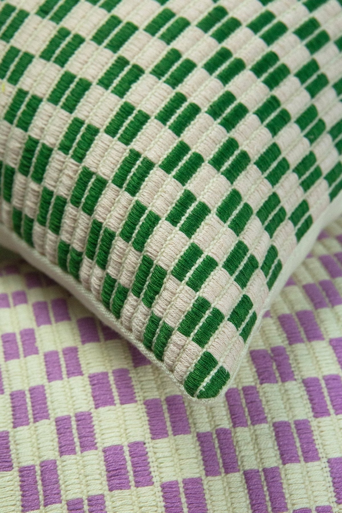 Checkered brocade pillow in green and cream, handwoven in Guatemala