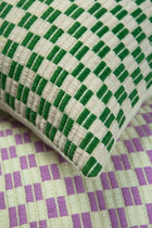 Checkered brocade pillow in green and cream, handwoven in Guatemala