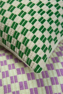 Checkered brocade pillow in green and cream, handwoven in Guatemala