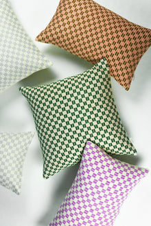 Checkered brocade pillow in grey and white, styled
