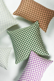 Set of checkered brocade pillows in green and cream
