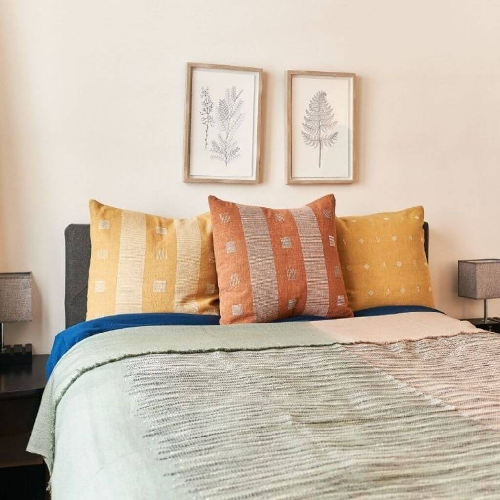 Salvia green brown handwoven merino queen size bedspread – One Affirmation