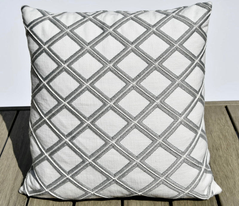 New Haven white and gray embroidered trellis pillow cover, view 2