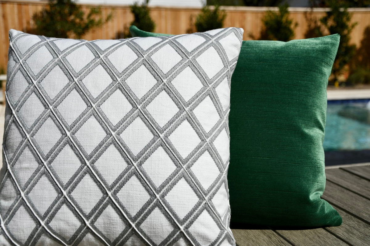 New Haven white and gray embroidered trellis pillow cover, view 3