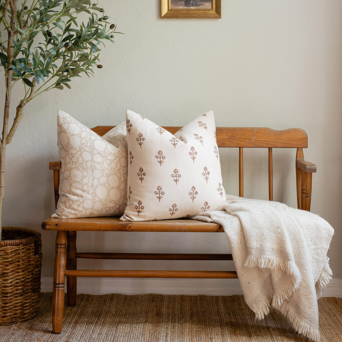 Luana Floral Block Printed Pillow Cover | Beige/Brown