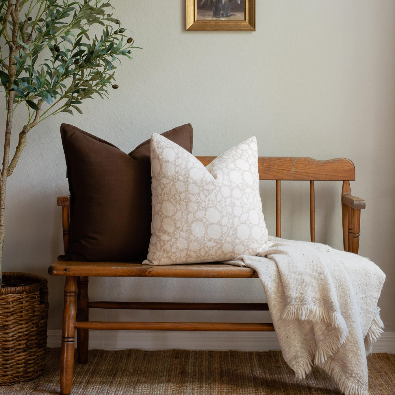 Luana Floral Block Printed Pillow Cover | Beige/Brown