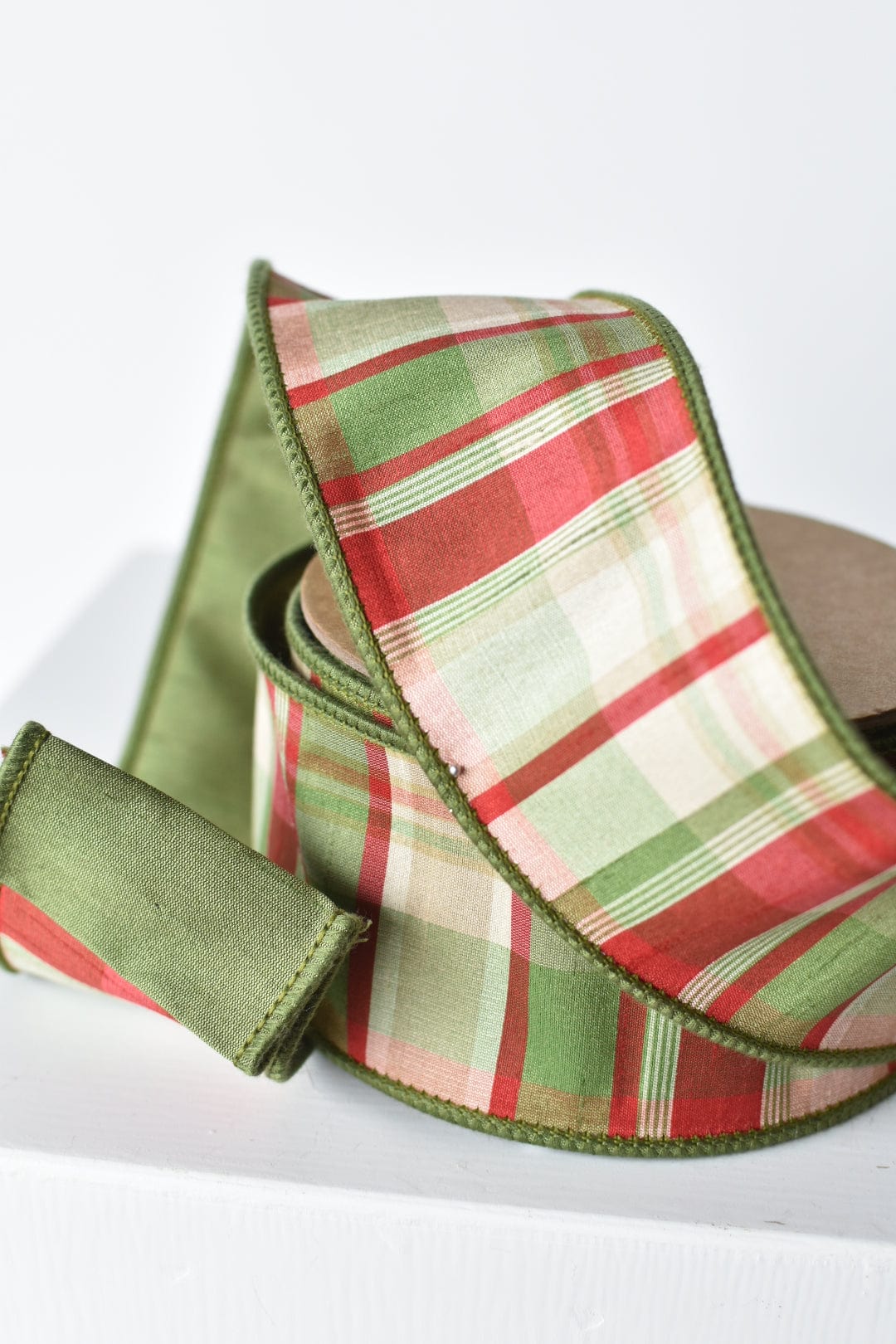 2.5" × 10 yd Red Green Tan Plaid Dupioni Silk Ribbon