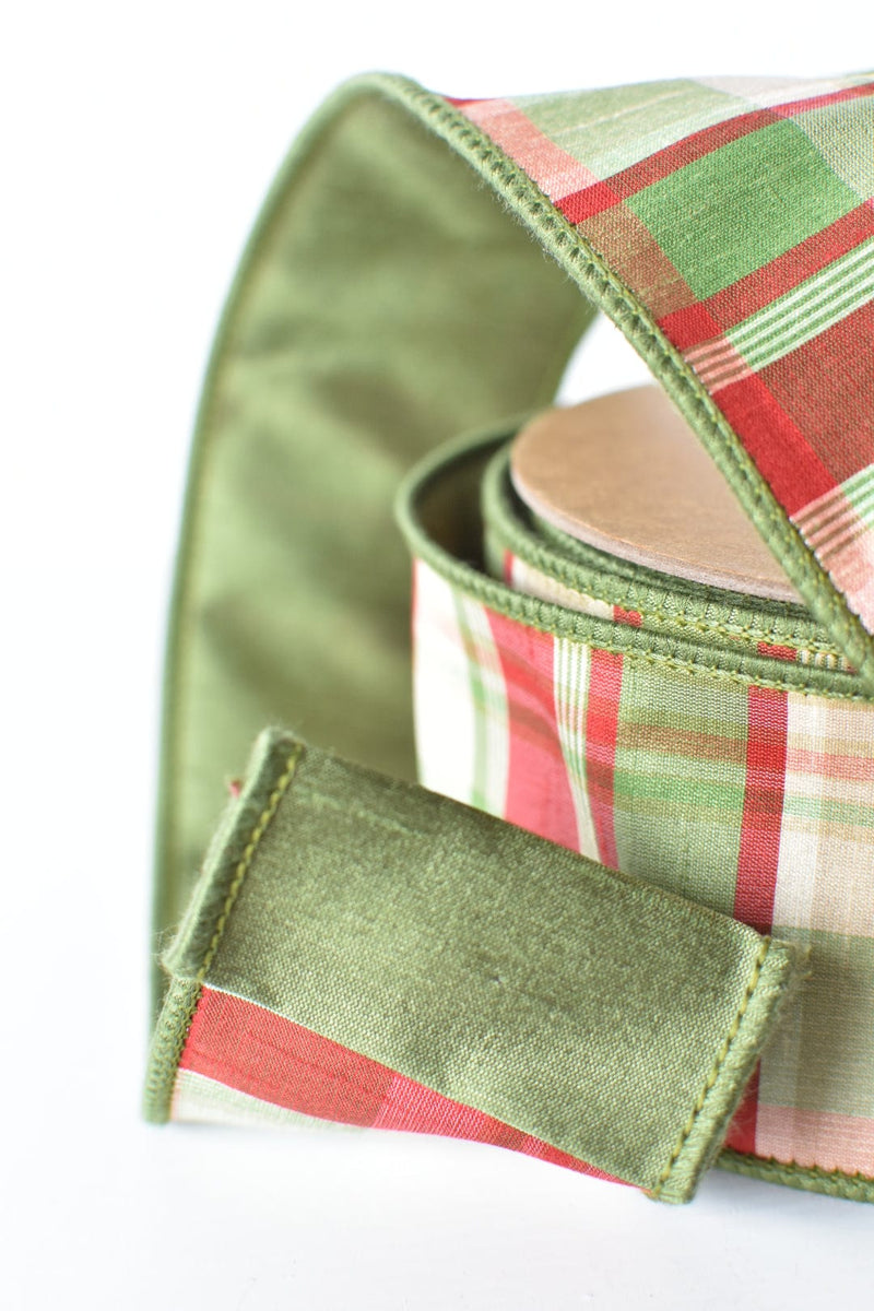 2.5" × 10 yd Red Green Tan Plaid Dupioni Silk Ribbon