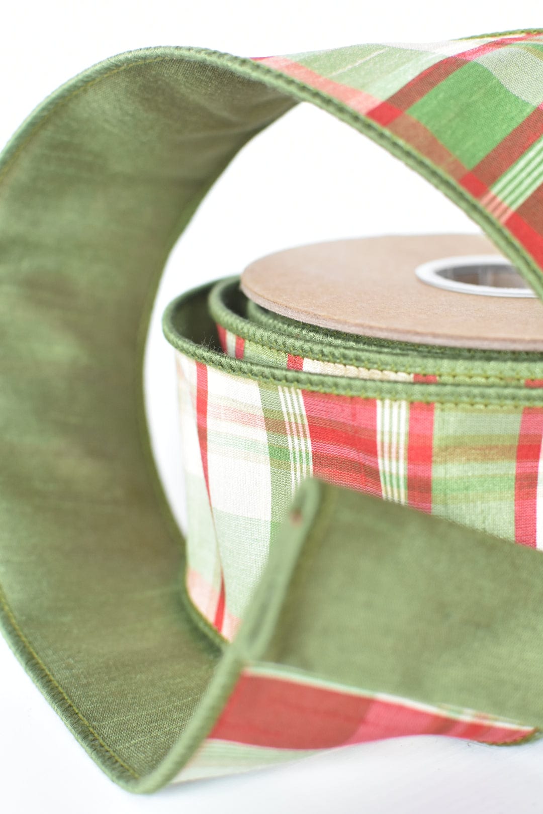 2.5" × 10 yd Red Green Tan Plaid Dupioni Silk Ribbon