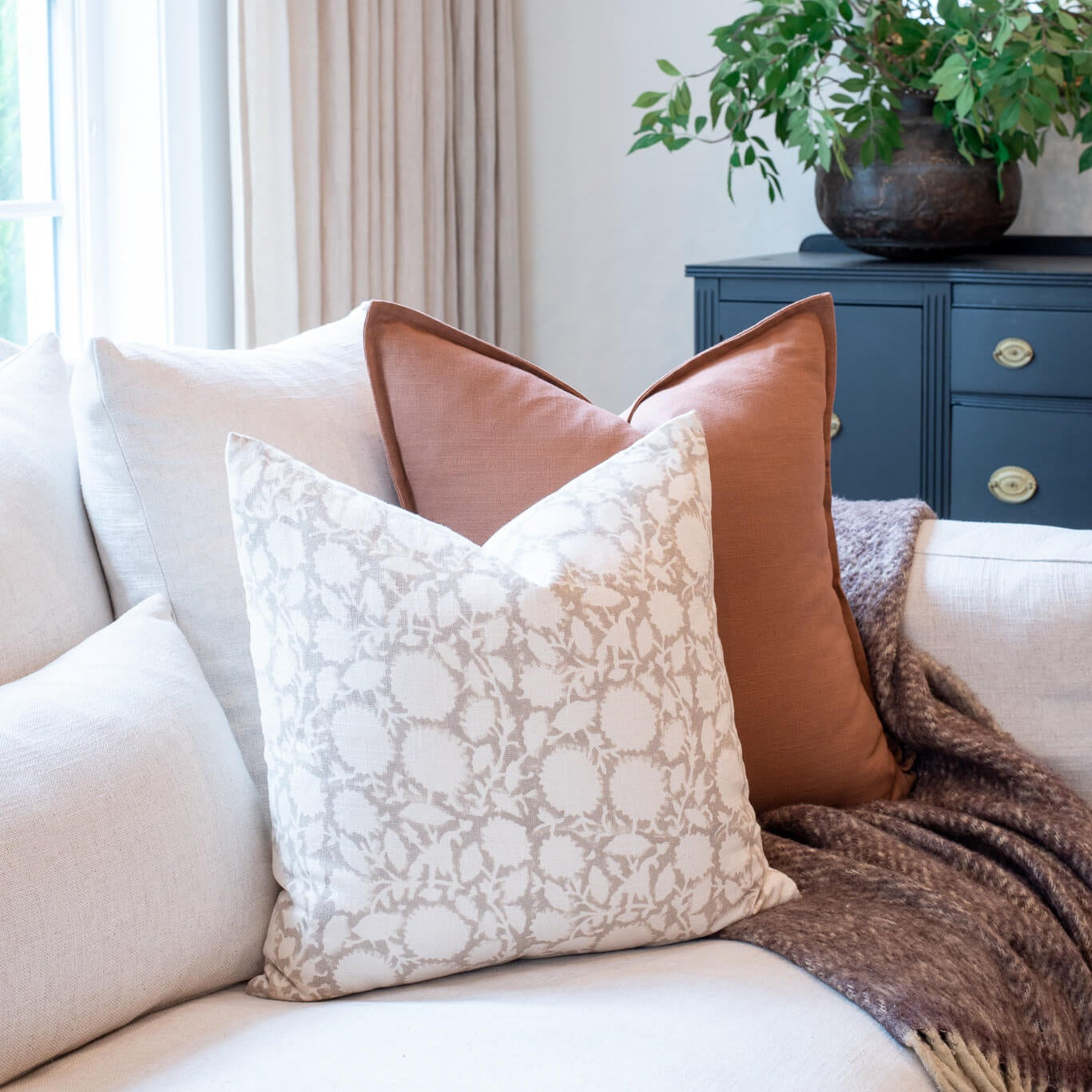 Luana Floral Block Printed Pillow Cover | Beige/Brown