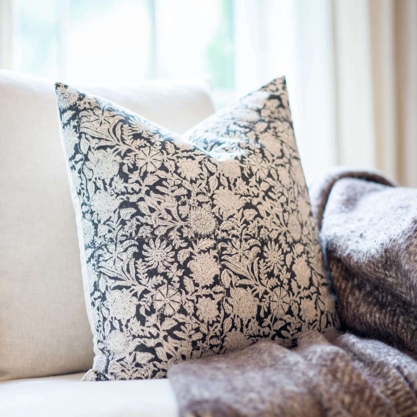 Burgos Floral Block Printed Pillow Cover | Black