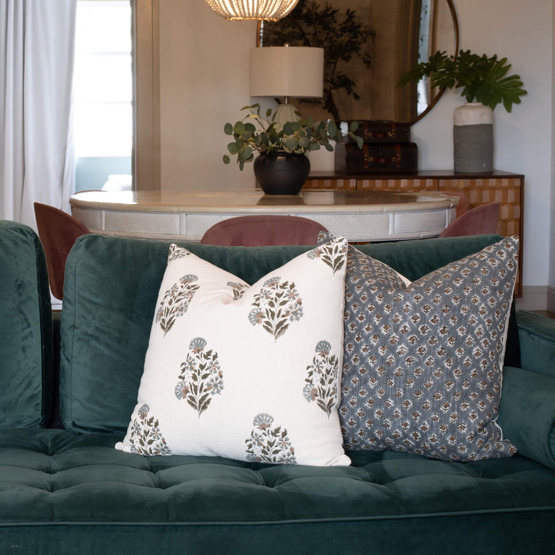 Briar Floral Block Printed Pillow Cover | Blue, Brown, Green