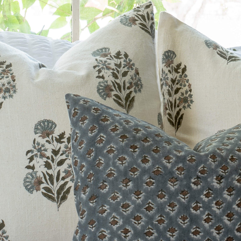 Aster Floral Block Printed Pillow Cover | Blue, Brown | Lumbar