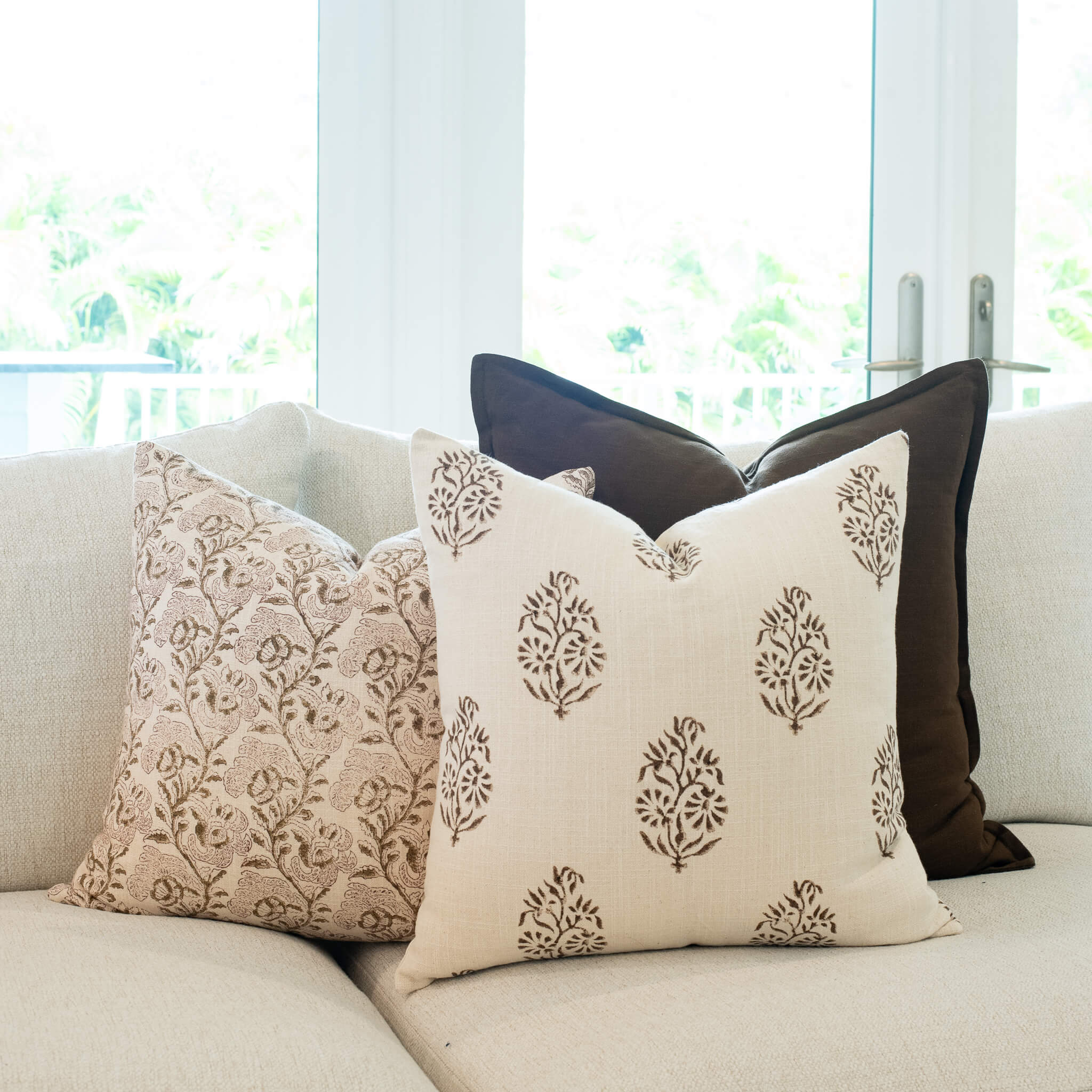 Magnolia Floral Block Printed Pillow Cover | Burgundy, Mustard