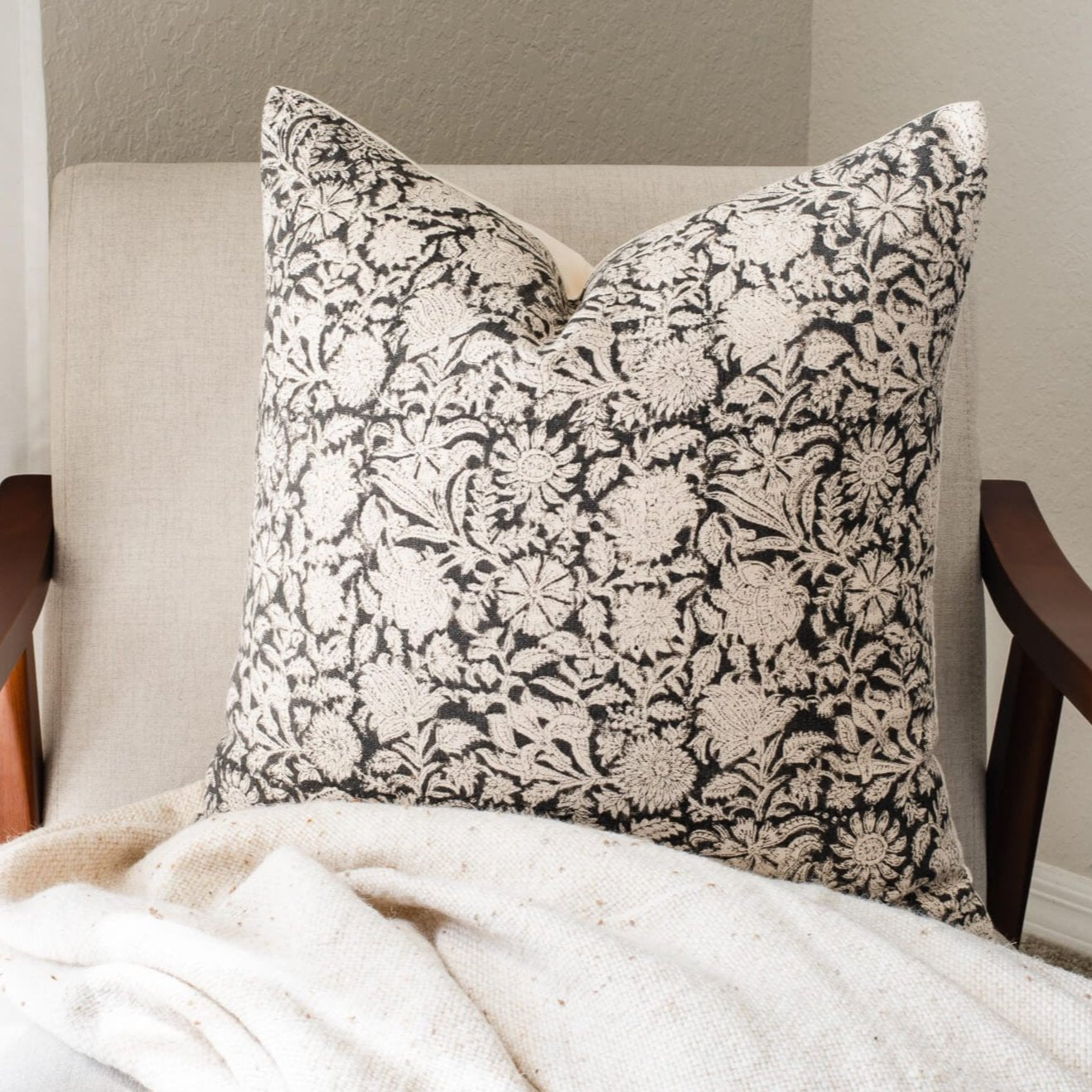 Burgos Floral Block Printed Pillow Cover | Black