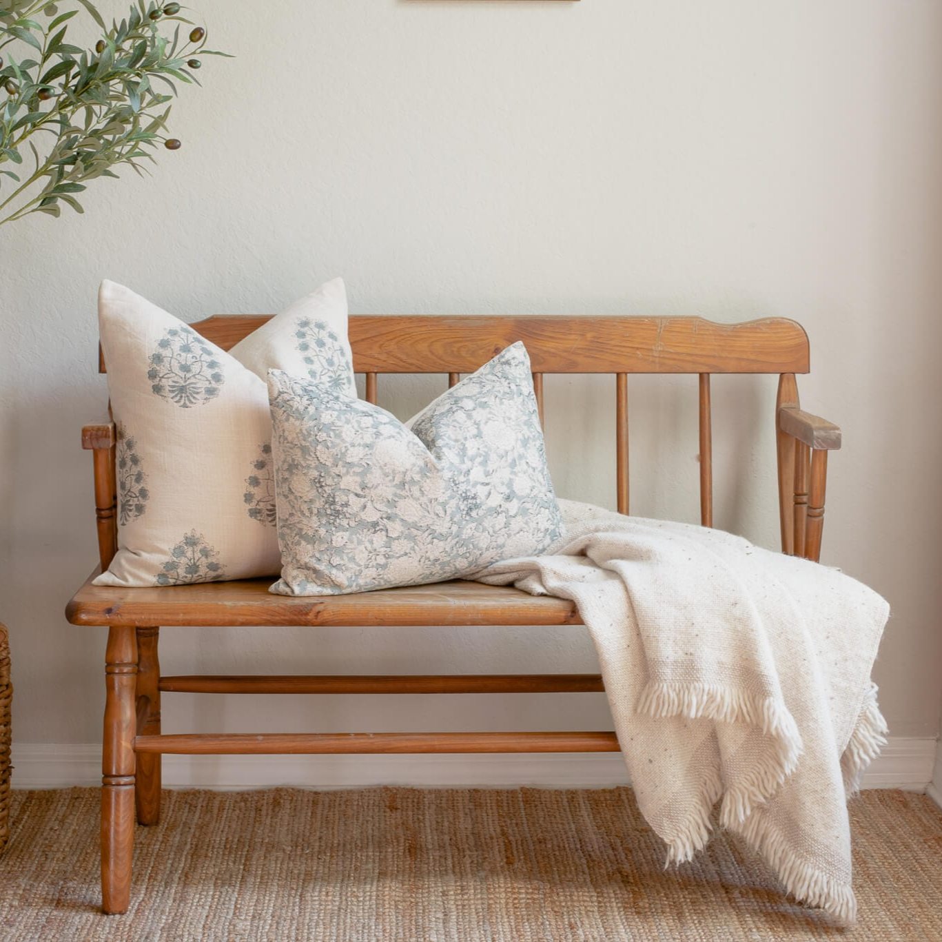 Chloe Floral Block Printed Pillow Cover | Blue | Lumbar