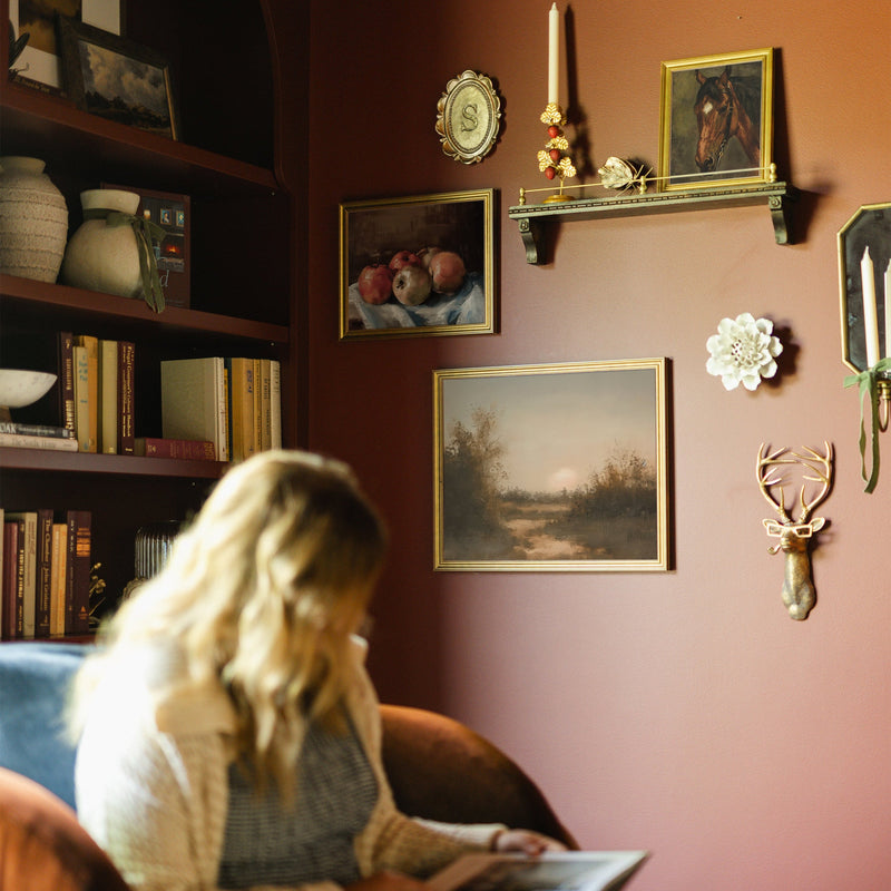Evening Light framed canvas art styled on a wall with other framed prints