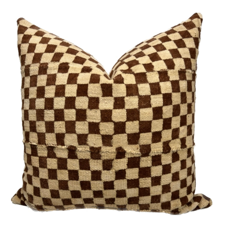 Nala Brown and Cream Checkered Mudcloth Pillow Cover