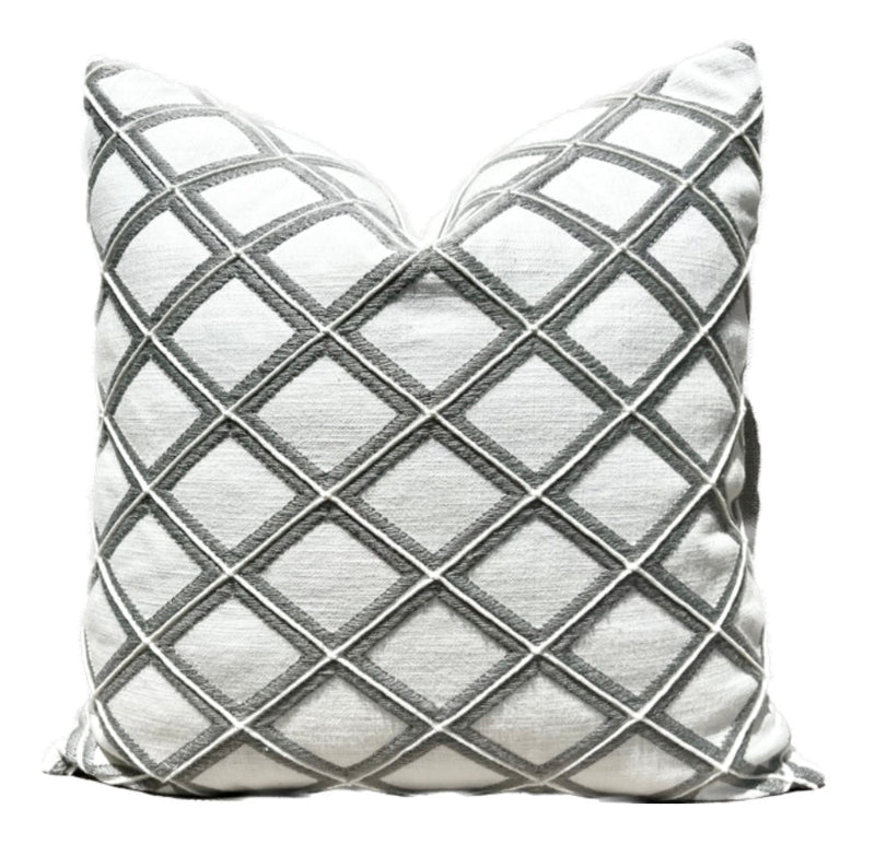 New Haven white and gray embroidered trellis pillow cover – One Affirmation