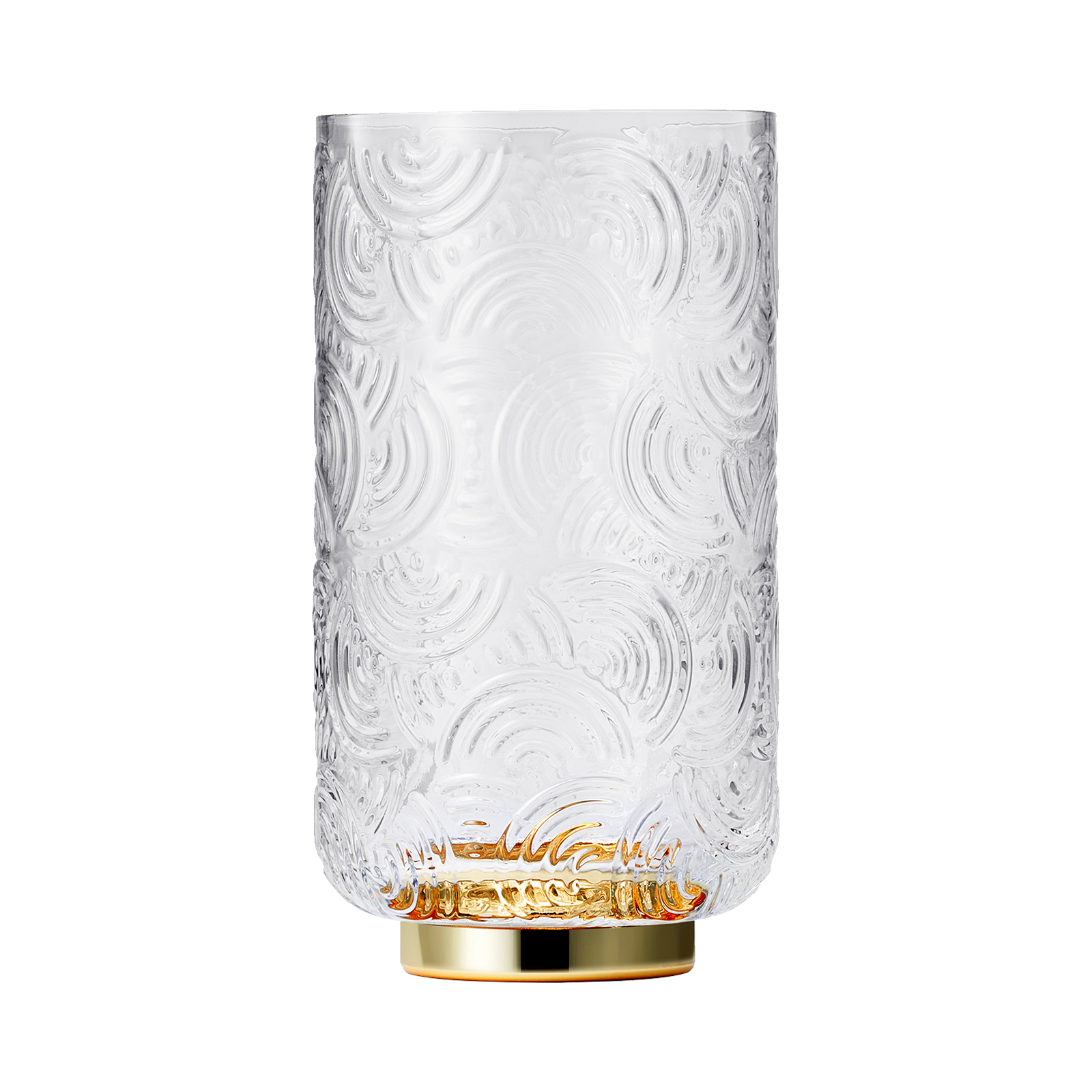 Tall highball glass filled with cocktail and citrus garnish