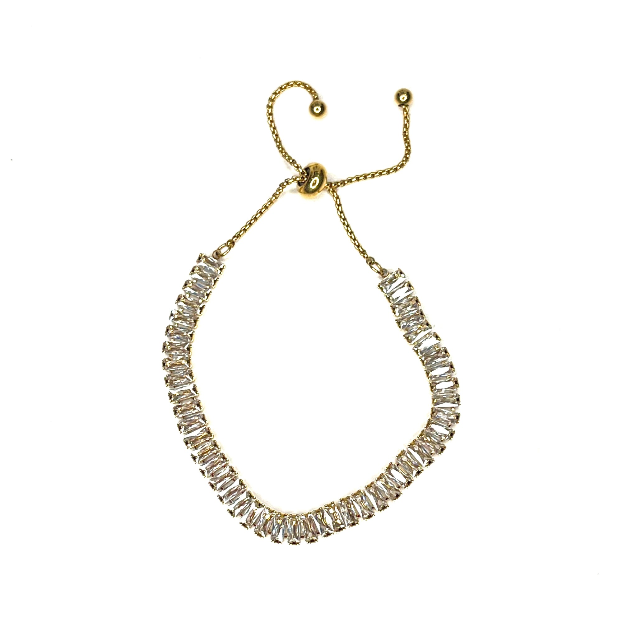 Gold-plated CZ baguette bracelet displayed on white background